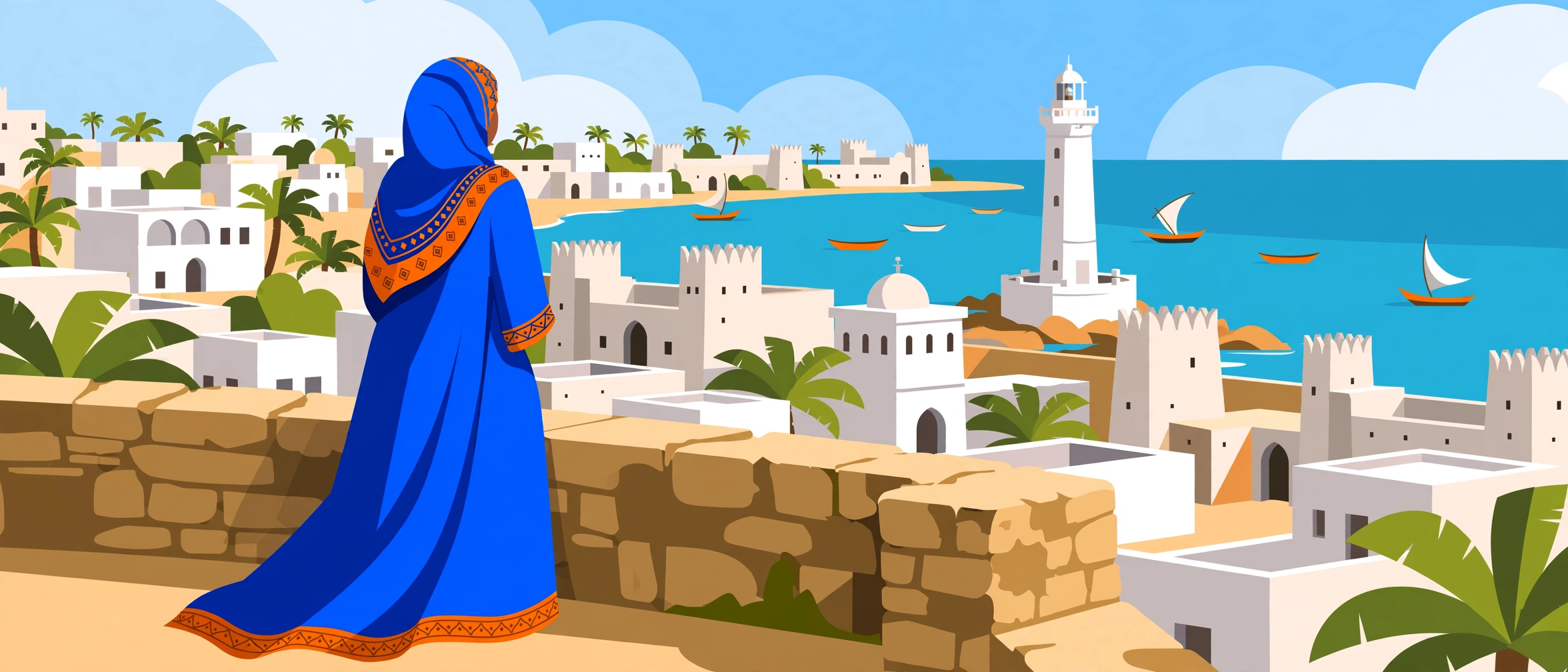 Illustration of a Somali woman in a blue dirac overlooking the Mogadishu coastline and lighthouse